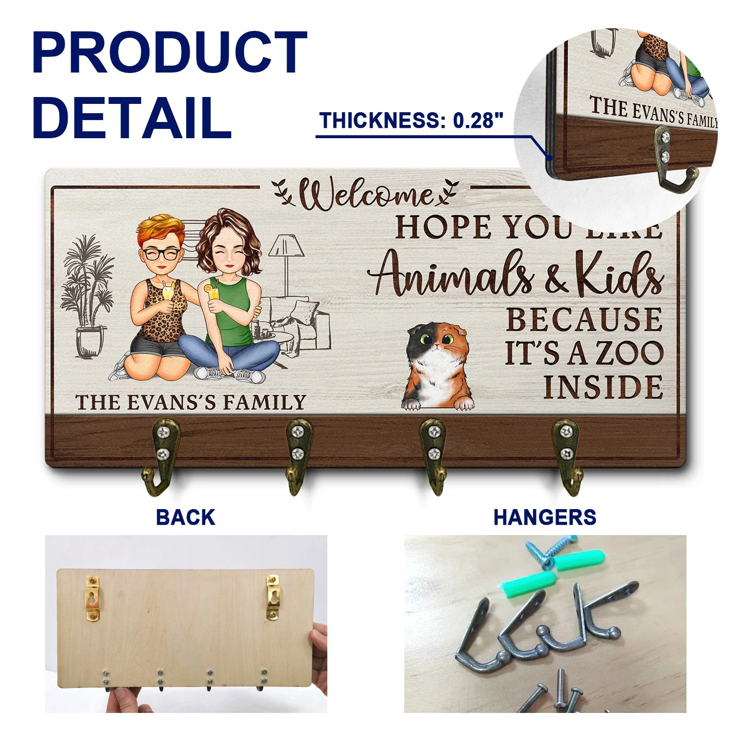 Hope You Like Animals And Kids - Home Decor Gift For Family, Husband, Wife, Couple - Personalized Wood Key Holder - Image 5