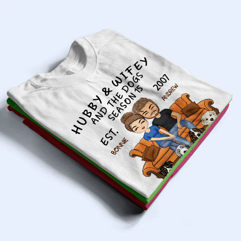 Hubby And Wifey Season Married Couple And Dog - Anniversary Gift - Personalized Custom T Shirt - Image 2
