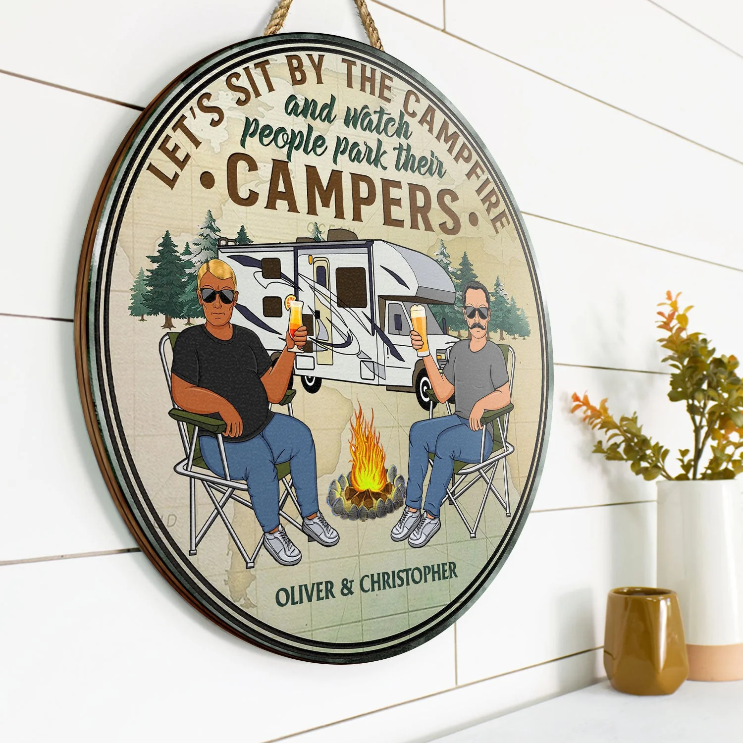 Husband And Wife Camping Partners For Life Family - Couple Gift - Personalized Custom Wood Circle Sign - Image 2