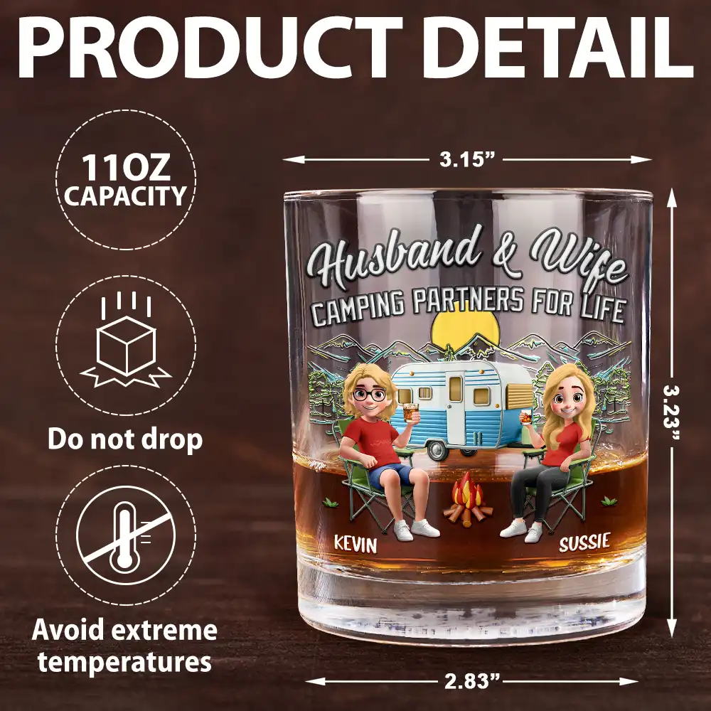 Husband And Wife Camping Partners - Personalized Whiskey Glass - Image 5