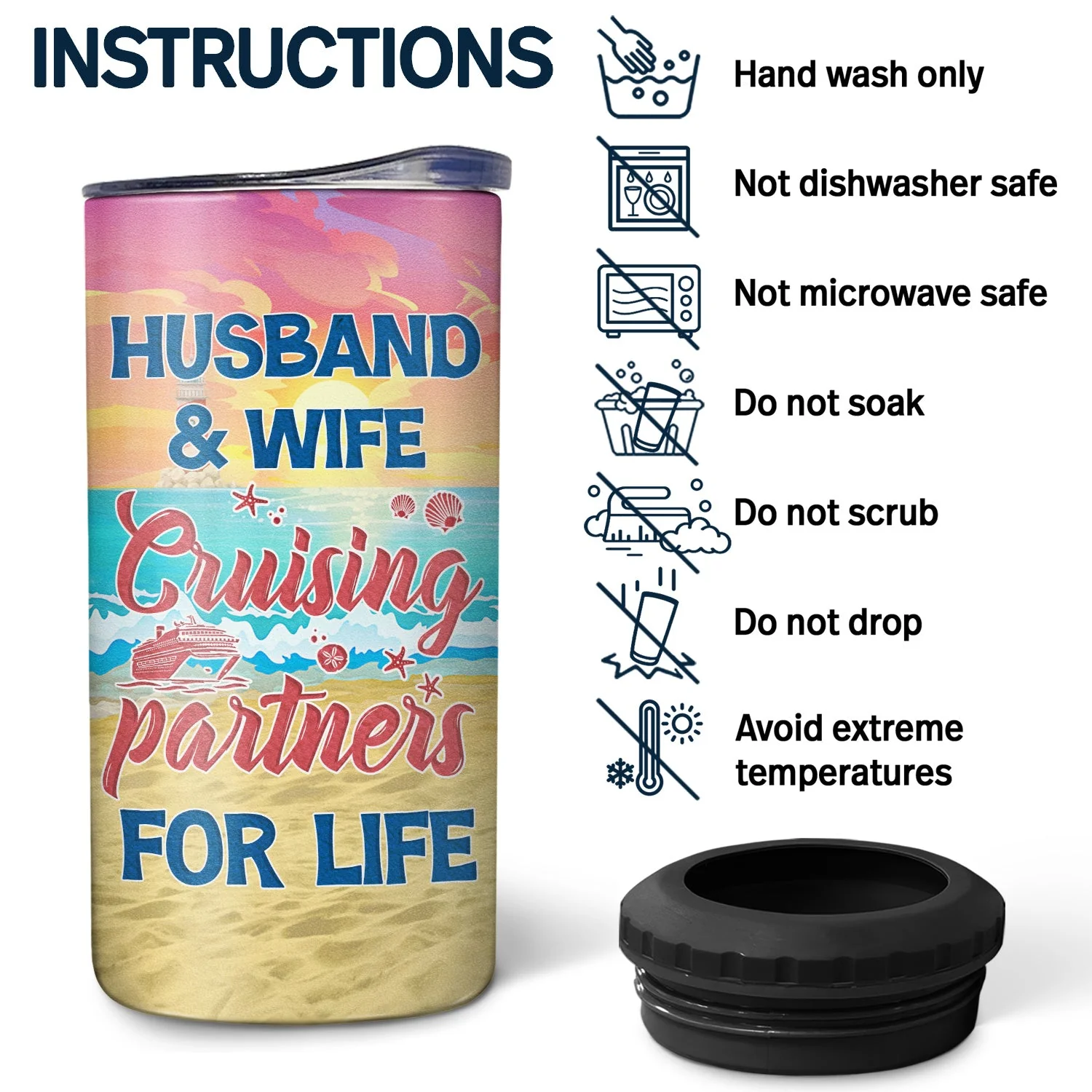 Husband And Wife Drinking Buddies For Life - Gift For Couples, Beach, Travel Lovers - Personalized Custom 4 In 1 Can Cooler Tumbler - Image 5