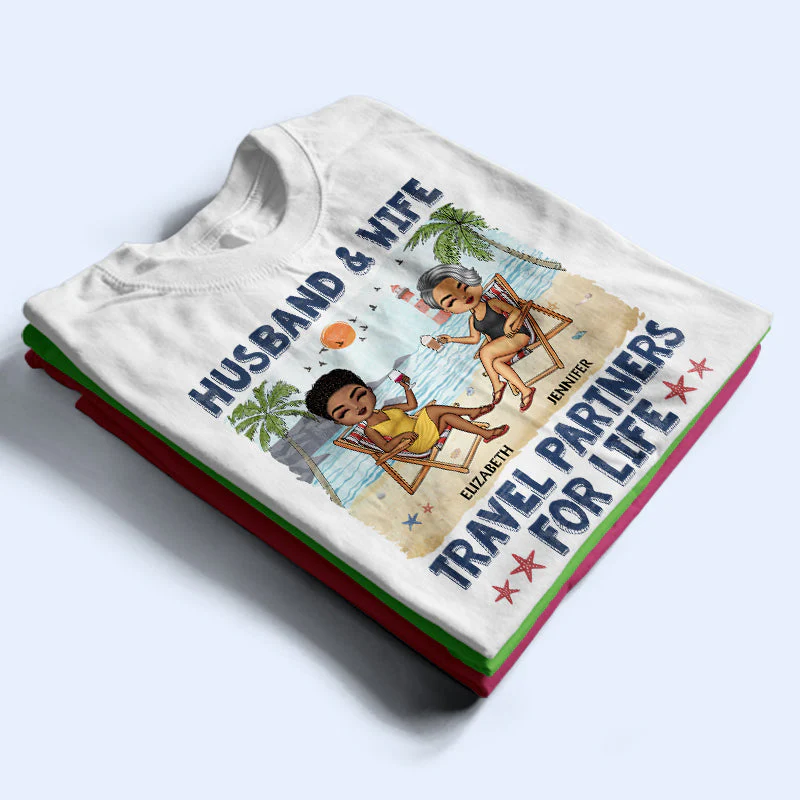 Husband And Wife Travel Partners For Life Beach Traveling Husband Wife - Couple Gift - Personalized Custom T Shirt - Image 2