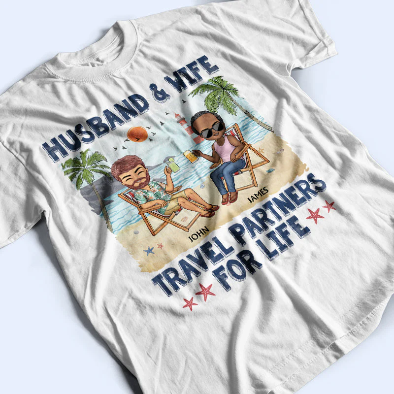 Husband And Wife Travel Partners For Life Beach Traveling Husband Wife - Couple Gift - Personalized Custom T Shirt - Image 3