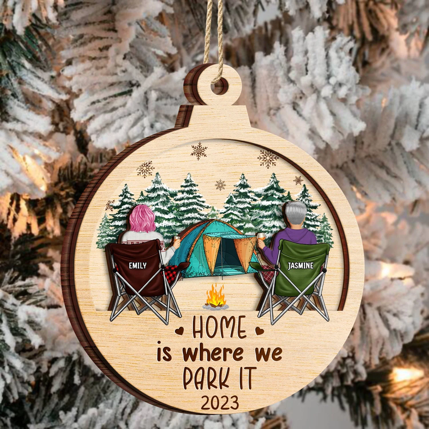 Husband & Wife Camping Partners For Life - Christmas Gift For Couples, Campers - Personalized 2-Layered Wooden Ornament - Image 3