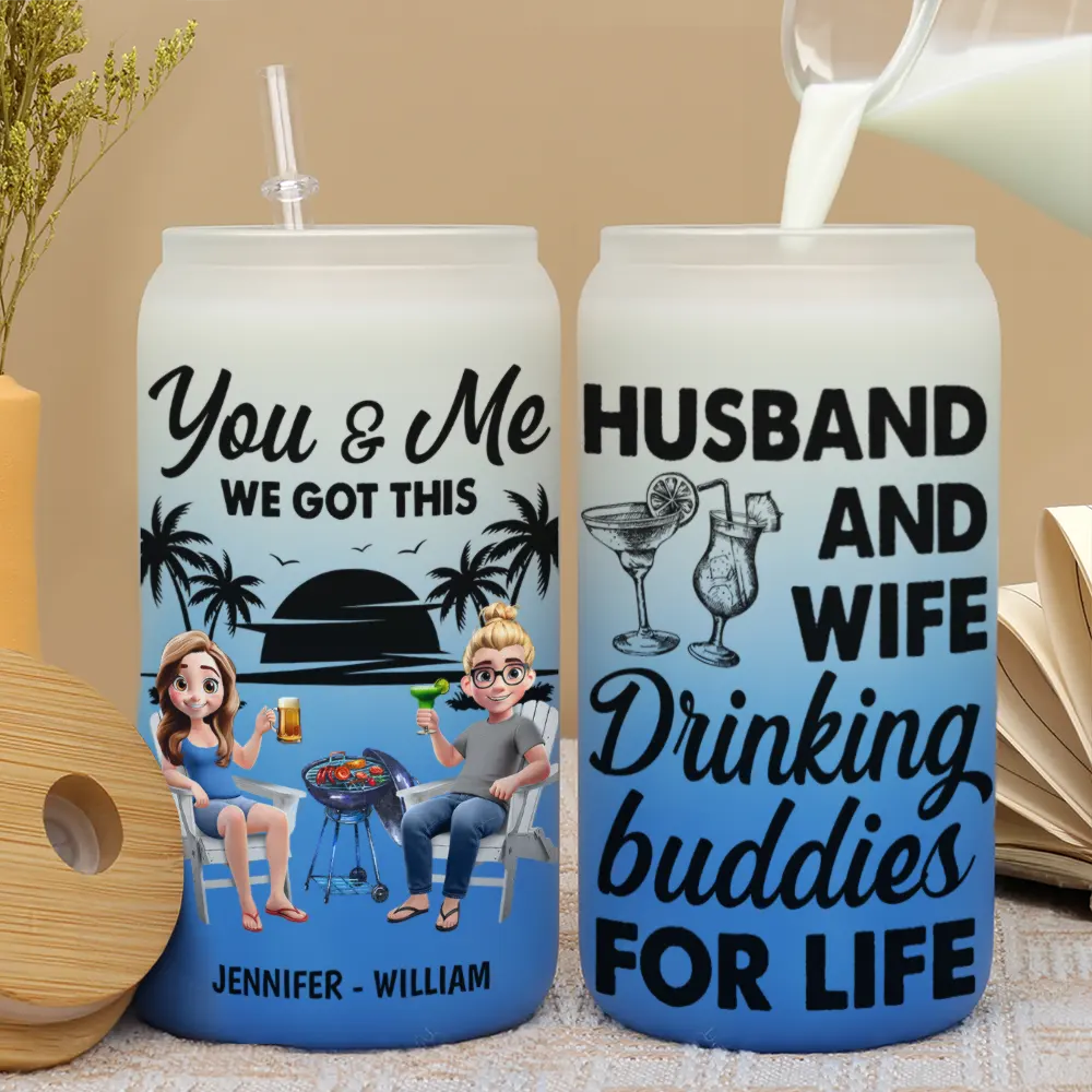 Husband & Wife Drinking Buddies For Life - Personalized Ombre Frosted Glass Can - Image 3