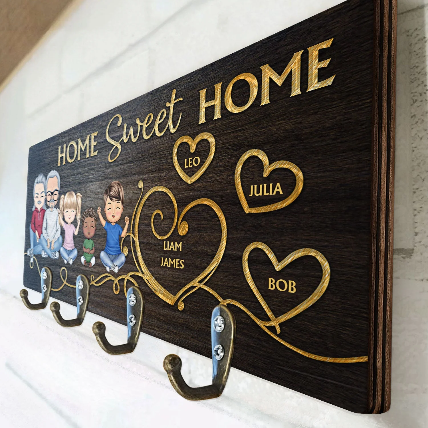 Husband & Wife Home Sweet Home Parents With Kids - Home Decor Gift For Married Couples - Personalized Custom Wood Key Holder - Image 3