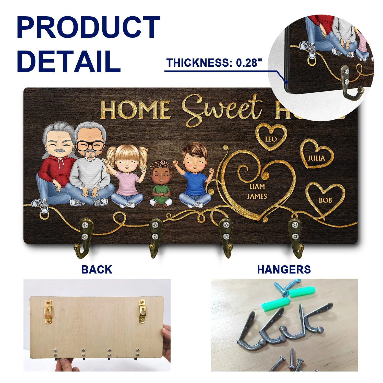 Husband & Wife Home Sweet Home Parents With Kids - Home Decor Gift For Married Couples - Personalized Custom Wood Key Holder - Image 5