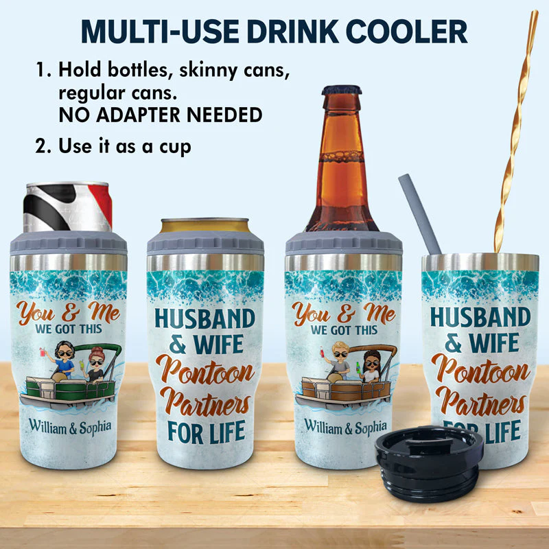Husband & Wife Pontoon Partners For Life - Couple Gift - Personalized Custom Triple 3 In 1 Can Cooler - Image 2