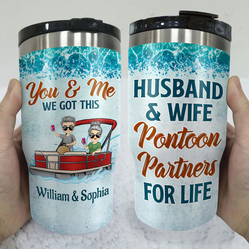 Husband & Wife Pontoon Partners For Life - Couple Gift - Personalized Custom Triple 3 In 1 Can Cooler - Image 3