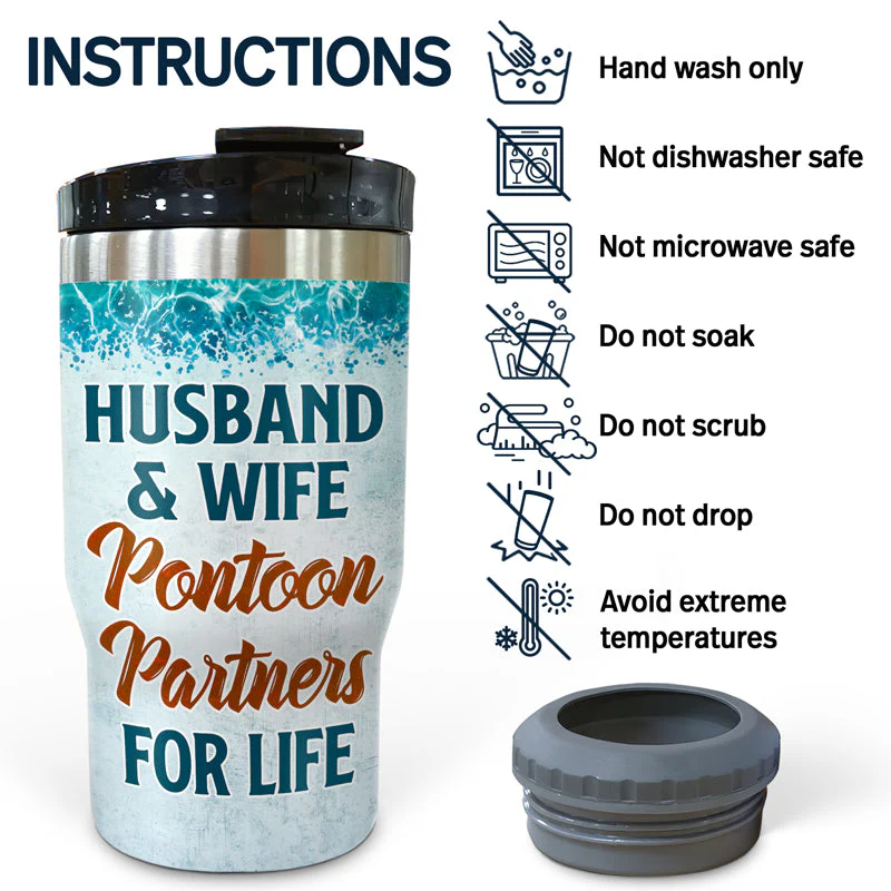 Husband & Wife Pontoon Partners For Life - Couple Gift - Personalized Custom Triple 3 In 1 Can Cooler - Image 5