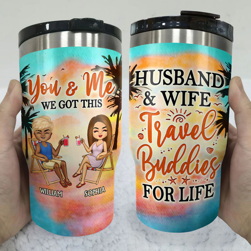 Husband & Wife Travel Buddies For Life Traveling - Couple Gift - Personalized Custom Triple 3 In 1 Can Cooler - Image 3