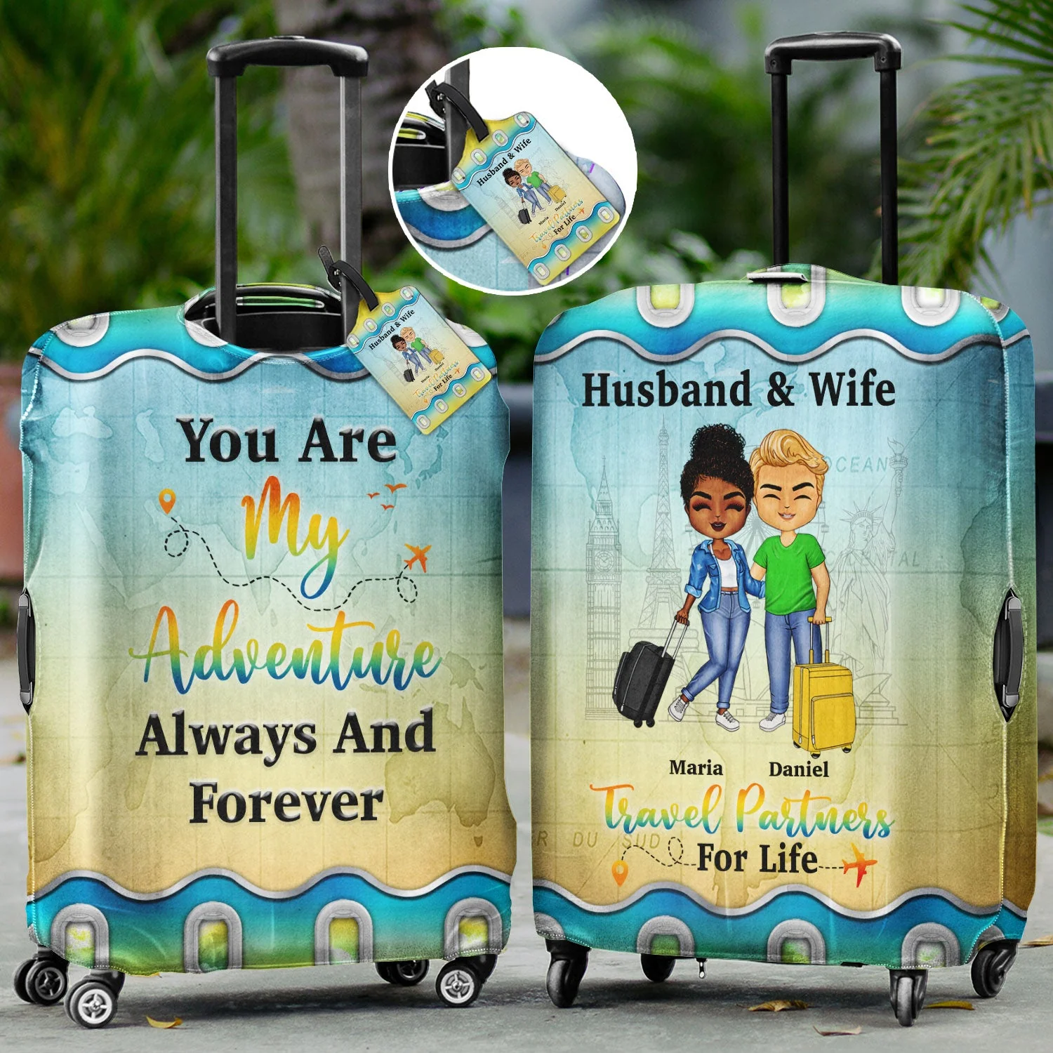 Husband & Wife Travel Partners For Life - Traveling Gift For Couples - Personalized Combo Luggage Cover And Luggage Tag - Image 2