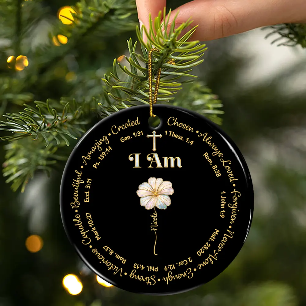 I Am Always Loved Birth Month Flower Nacre Effect - Personalized Circle Ceramic Ornament - Image 3