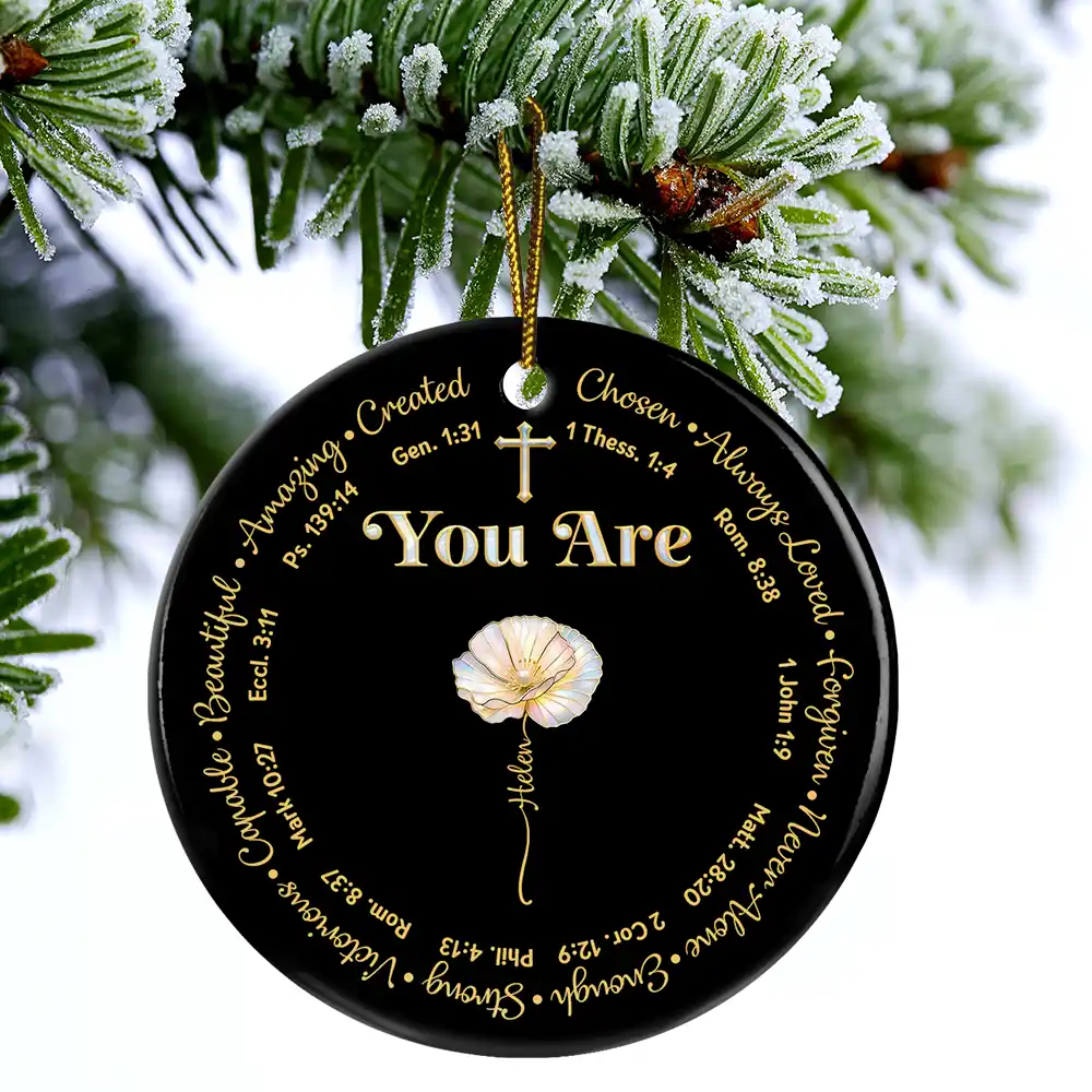 I Am Always Loved Birth Month Flower Nacre Effect - Personalized Circle Ceramic Ornament - Image 4