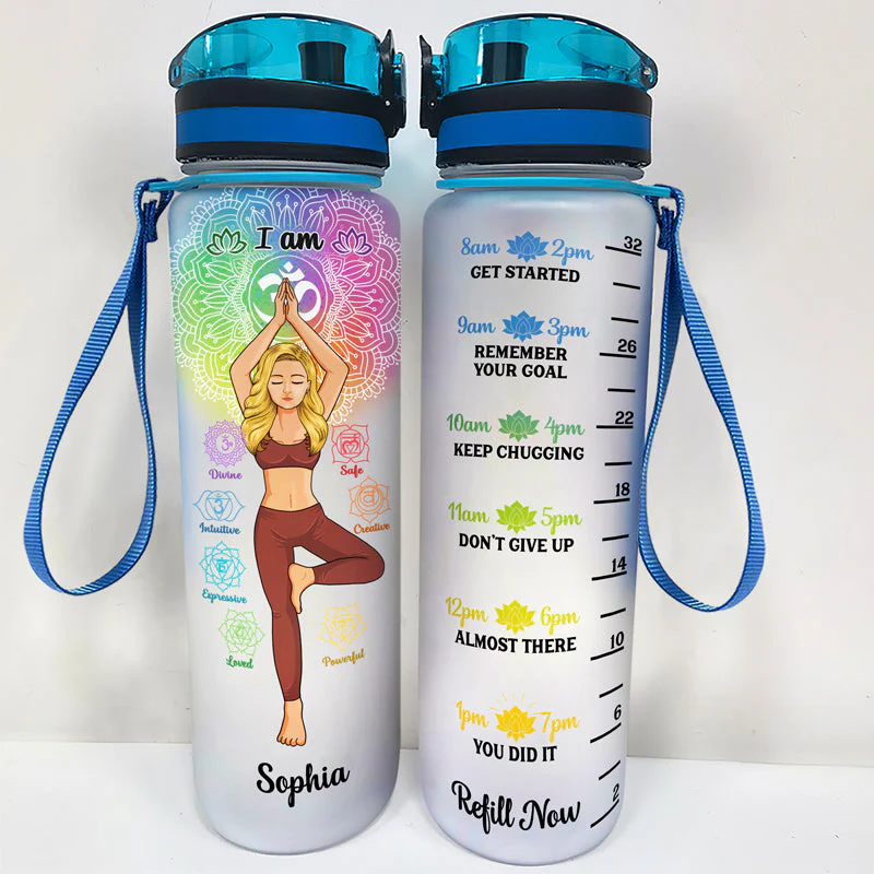 I Am Divine Intuitive Expressive Loved Powerful Creative Safe - Gift For Yoga Lovers - Personalized Custom Water Tracker Bottle - Image 2