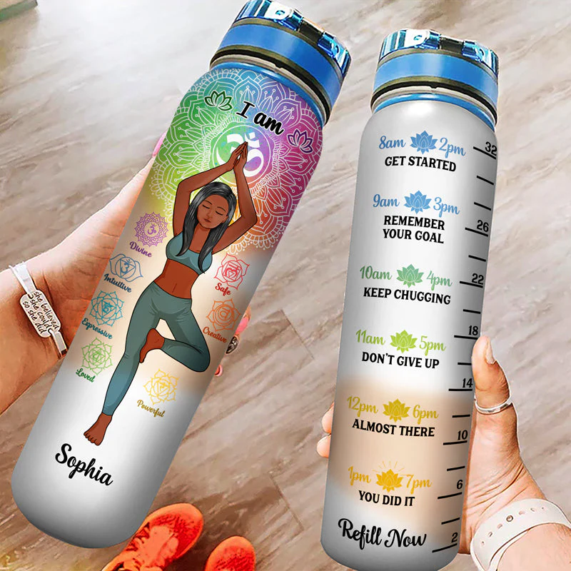 I Am Divine Intuitive Expressive Loved Powerful Creative Safe - Gift For Yoga Lovers - Personalized Custom Water Tracker Bottle - Image 3