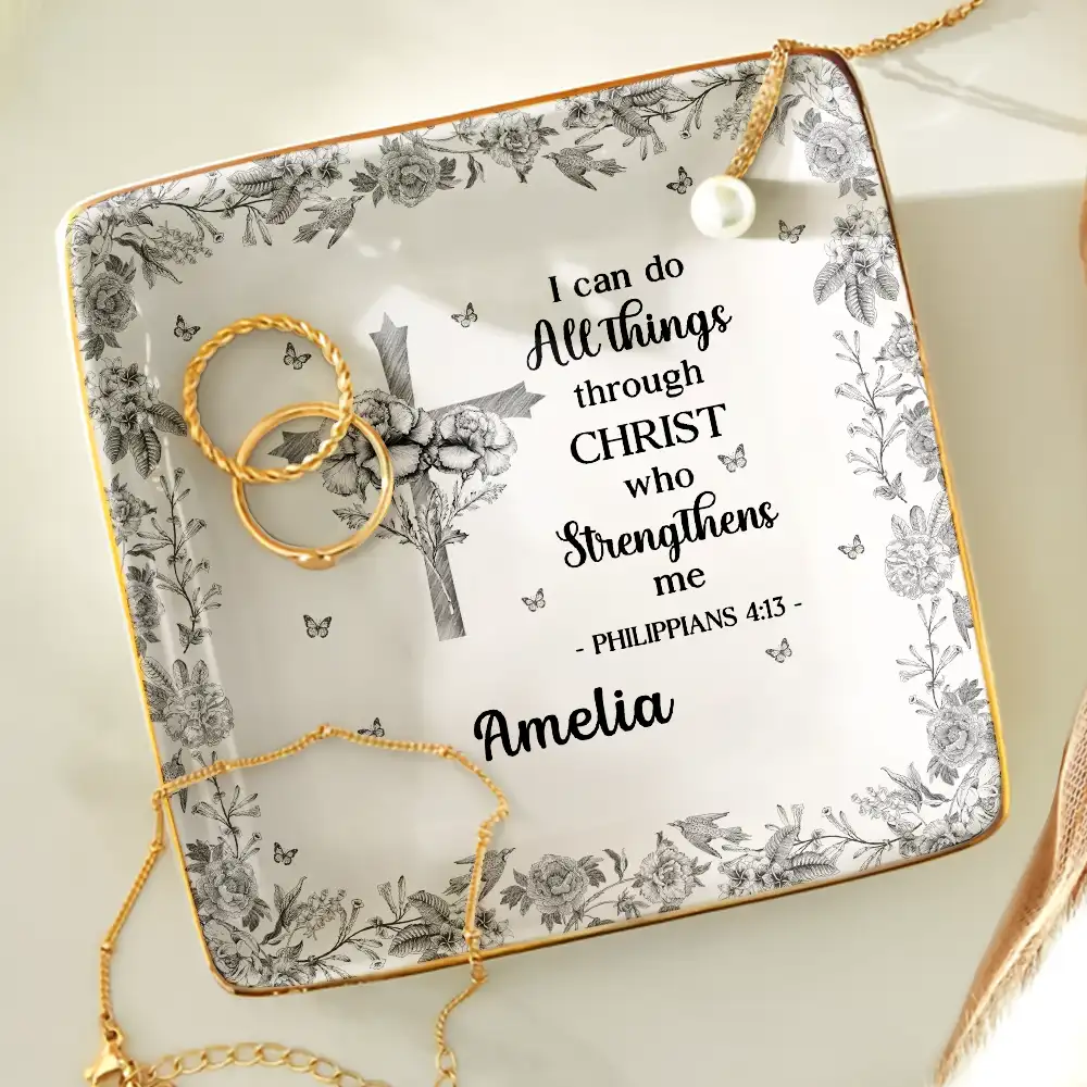 I Can Do All Things Through Christ Who Strengthens Me Toile Flower - Personalized Ring Dish - Image 4