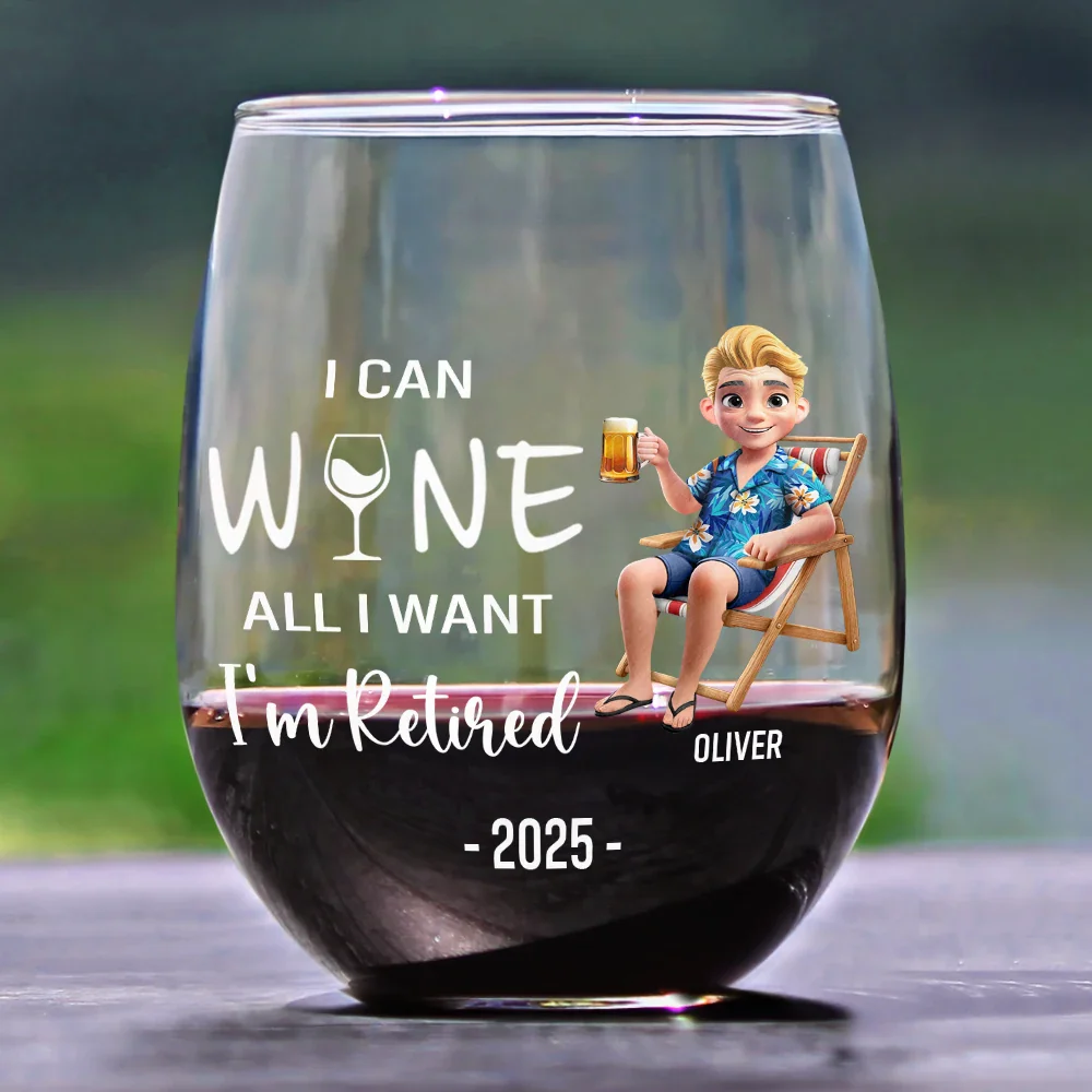 I Can Wine All I Want I'm Retired Cartoon - Personalized Stemless Wine Glass - Image 2