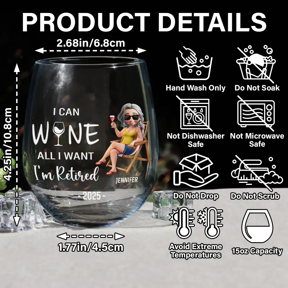 I Can Wine All I Want I'm Retired Cartoon - Personalized Stemless Wine Glass - Image 5