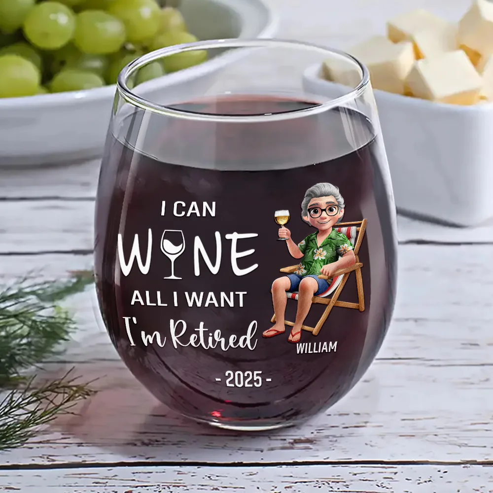 I Can Wine All I Want I'm Retired Cartoon - Personalized Stemless Wine Glass - Image 6