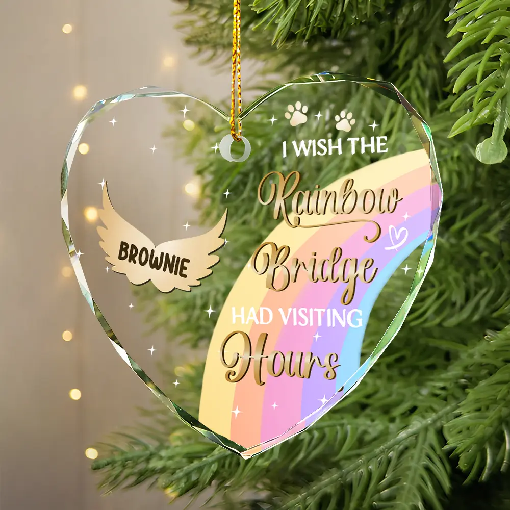 I Crossed The Rainbow Bridge Memorial Pet - Personalized Heart Shaped Glass Ornament - Image 2