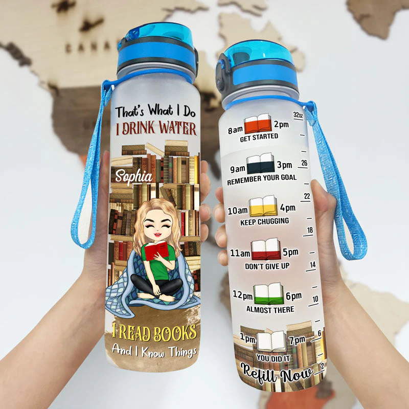 I Drink Water I Read Books - Gift For Book Lovers - Personalized Custom Water Tracking Bottle - Image 3