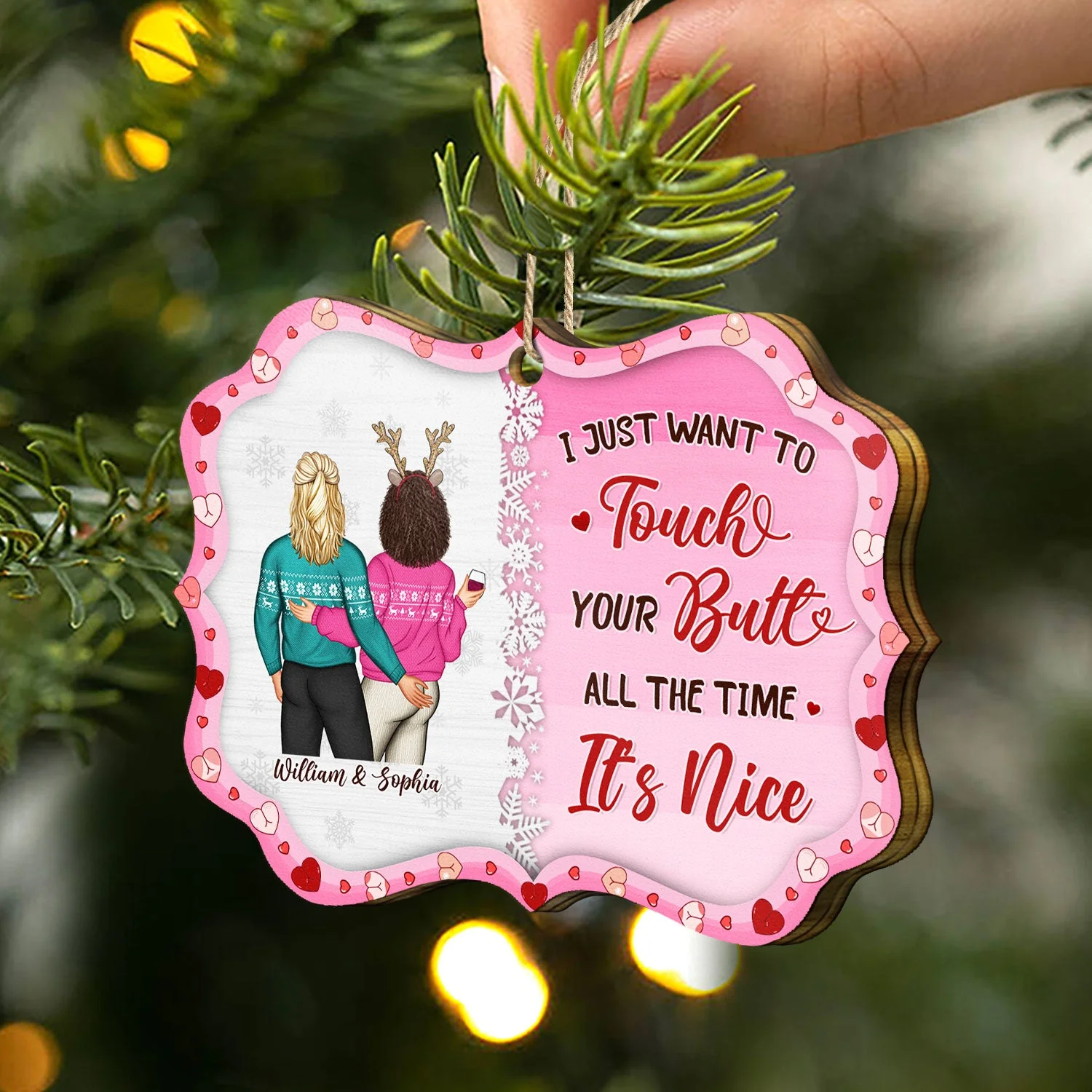 I Just Want To Touch Your Butt All The Time - Anniversary, Christmas Gift For Spouse, Lover, Husband, Wife, Boyfriend, Girlfriend, Couples - Personalized Medallion Wooden Ornament - Image 2