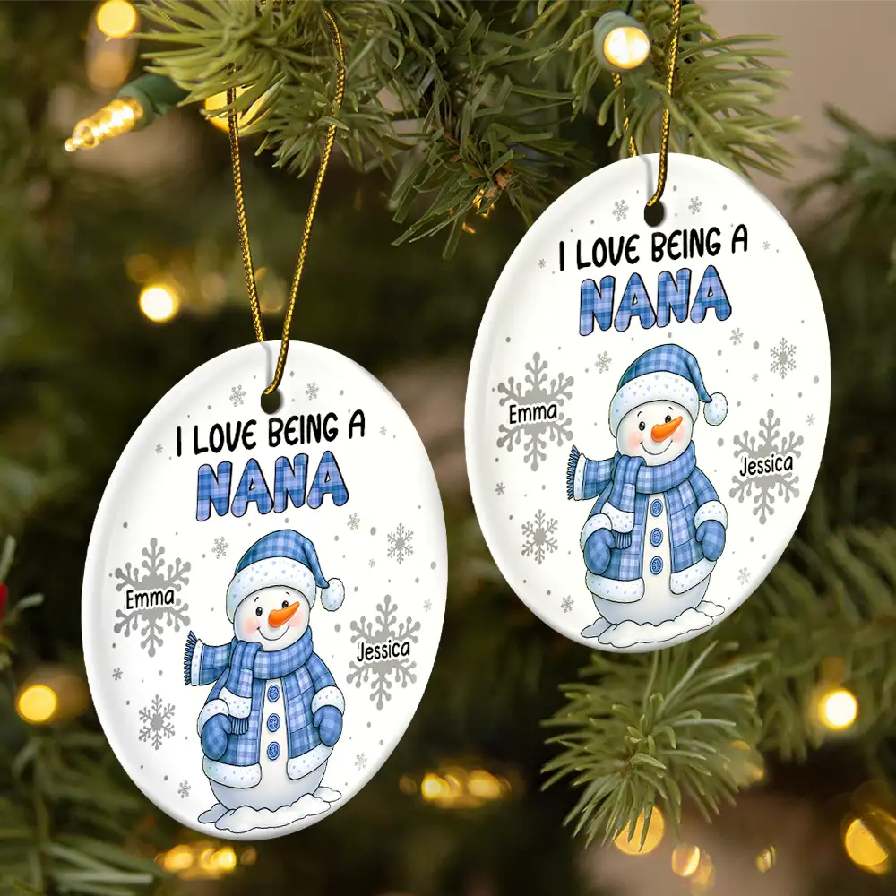I Love Being A Grandma Snowman - Personalized Circle Ceramic Ornament - Image 2