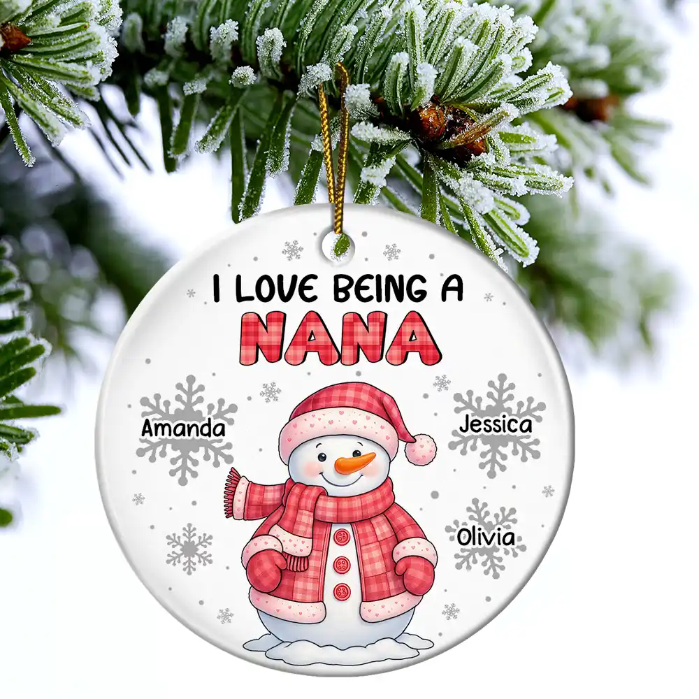 I Love Being A Grandma Snowman - Personalized Circle Ceramic Ornament - Image 4