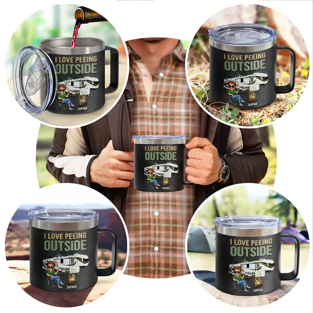 I Love Peeing Outside Camping - Personalized 14oz Stainless Steel Tumbler With Handle - Image 5