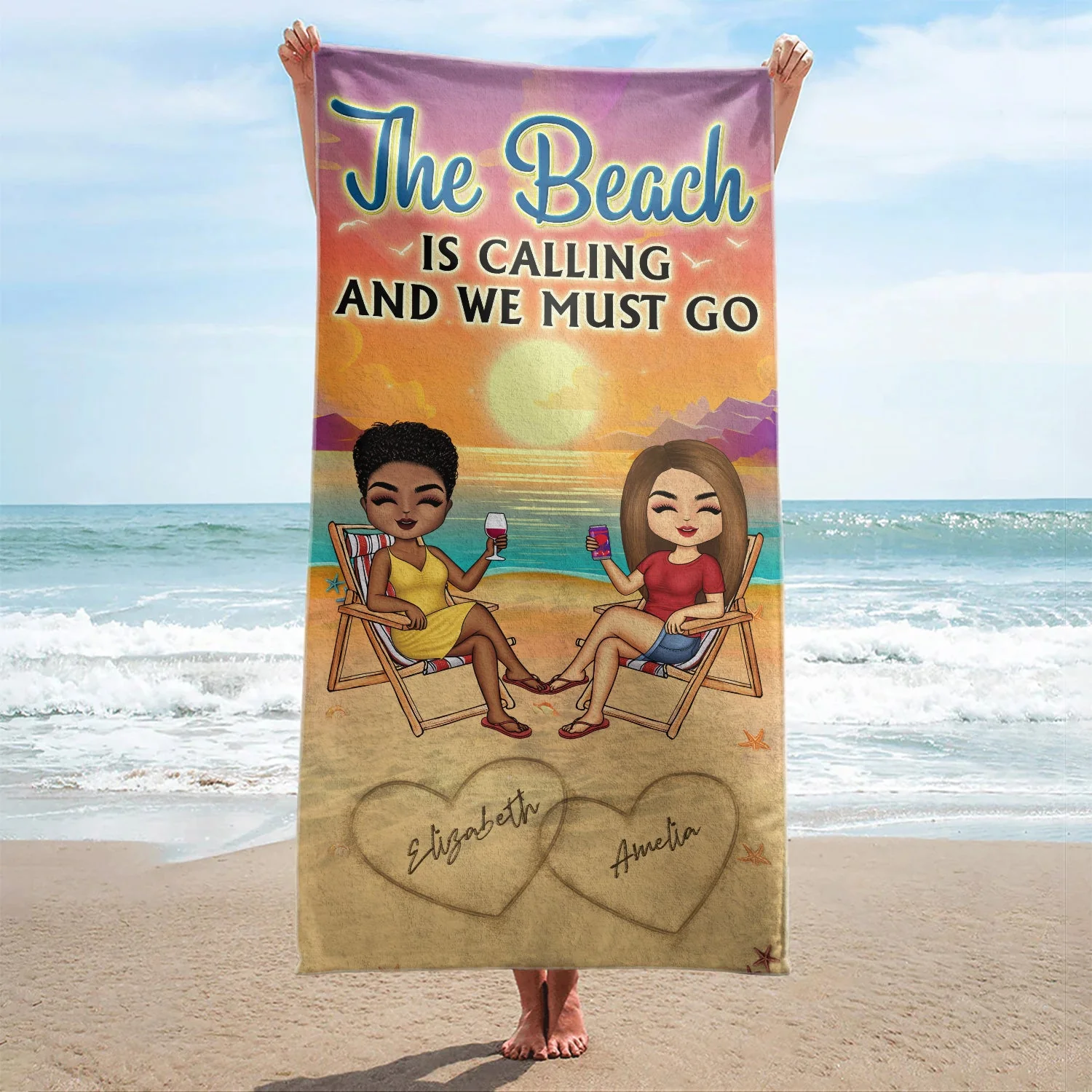 I Love You To The Beach And Back Chibi Traveling Beach Swimming Picnic Vacation - Birthday, Funny Gift For Her, Him, Couples, Family - Personalized Custom Beach Towel - Image 2