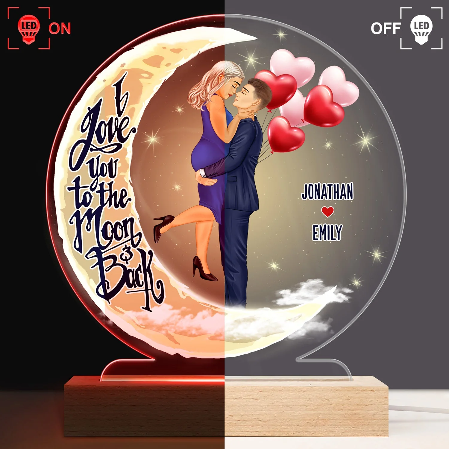 I Love You To The Moon And Back - Anniversary, Birthday Gift For Spouse, Lover, Husband, Wife, Boyfriend, Girlfriend, Married Couple - Personalized Custom 3D Led Light Wooden Base - Image 3