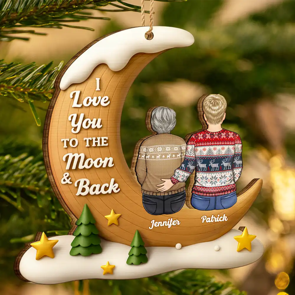 I Love You To The Moon And Back Family - Personalized Custom Shaped Wooden Ornament - Image 4