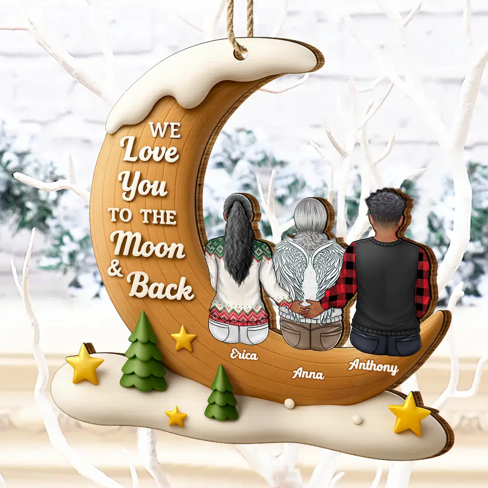 I Love You To The Moon And Back Family - Personalized Custom Shaped Wooden Ornament - Image 5