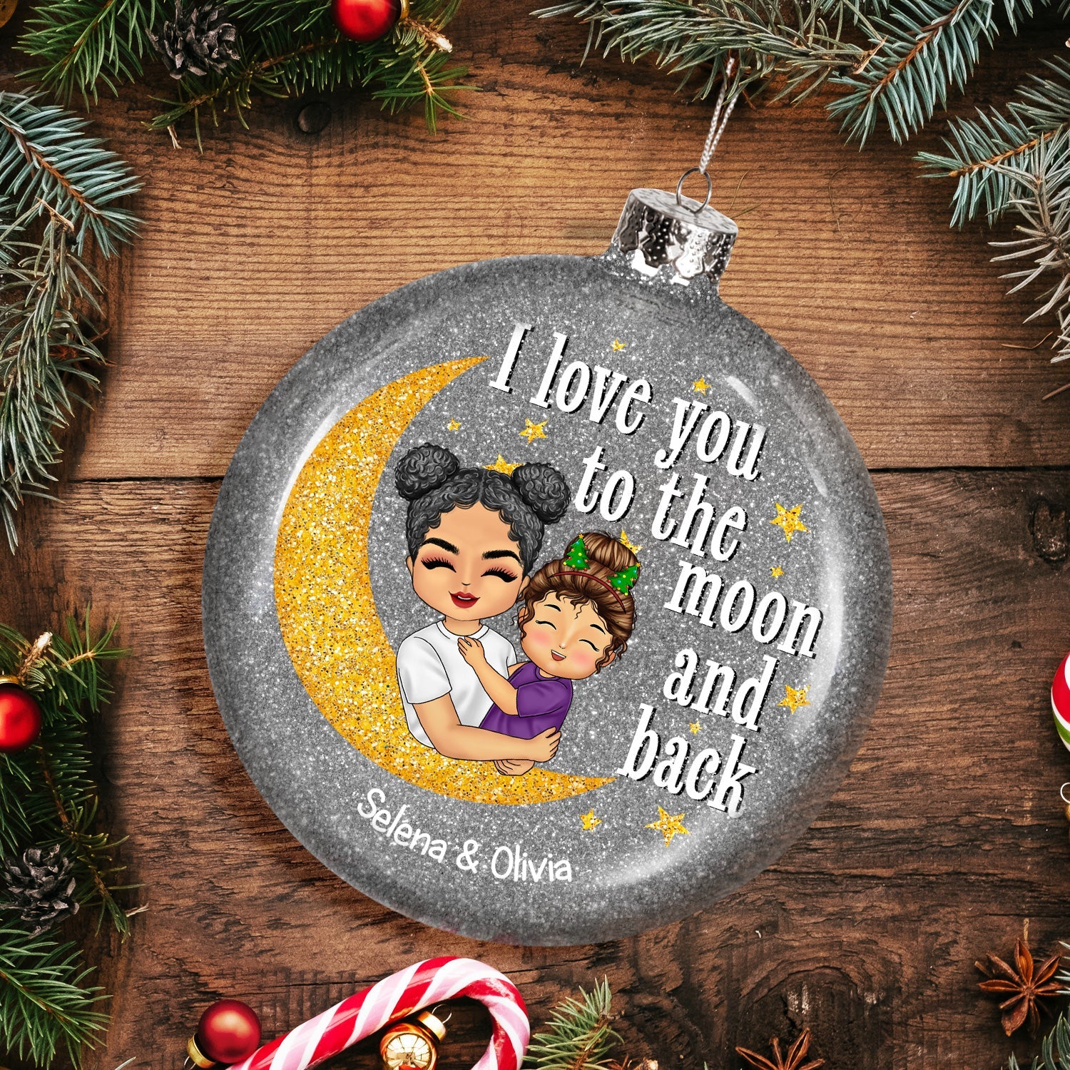 I Love You To The Moon And Back Grandma Mom - Christmas Gift For Grandmother, Mother, Grandkids - Personalized Glitter Plastic Ornament - Image 3