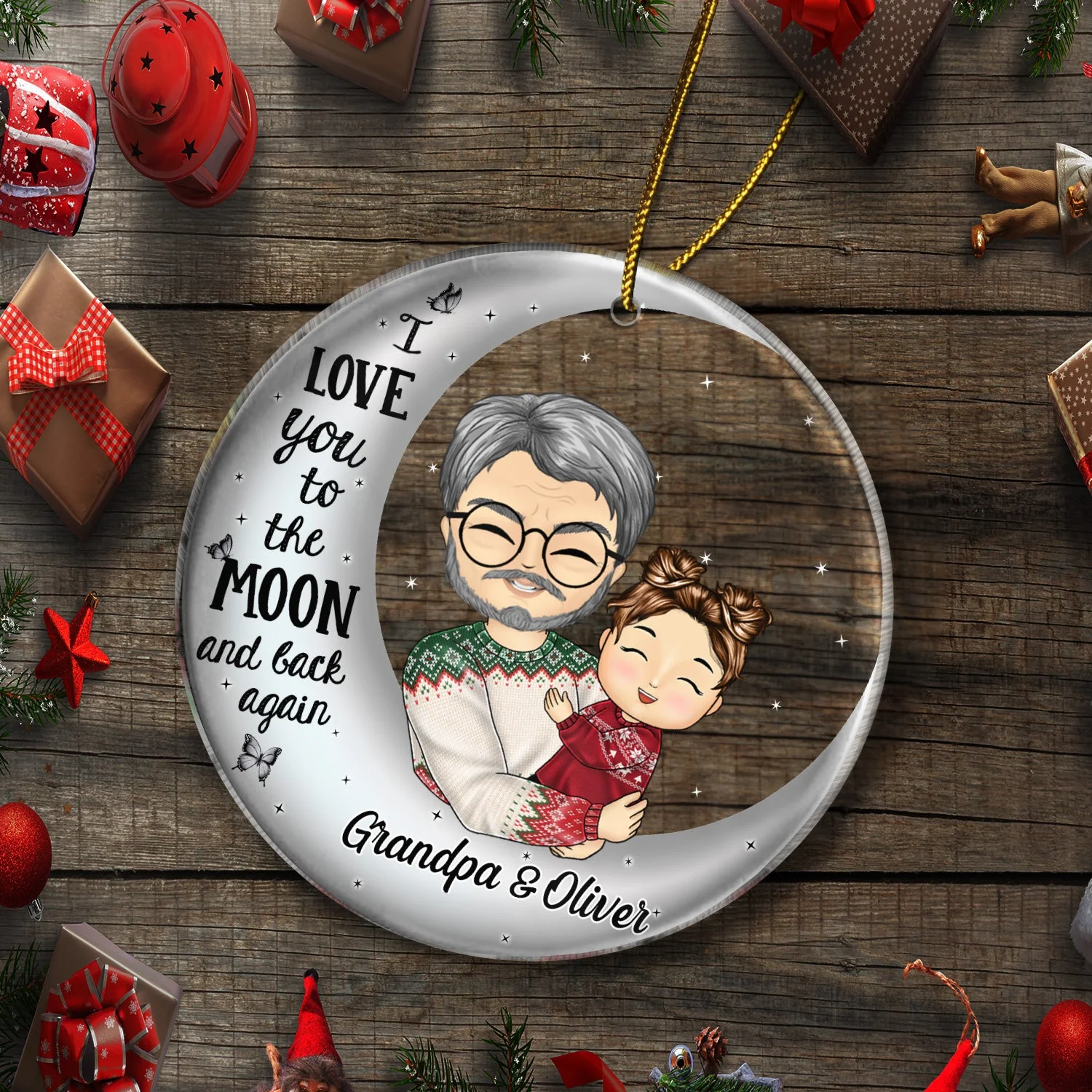 I Love You To The Moon And Back Grandpa Dad - Christmas Gift For Grandfather, Father, Grandkids - Personalized Circle Acrylic Ornament - Image 5
