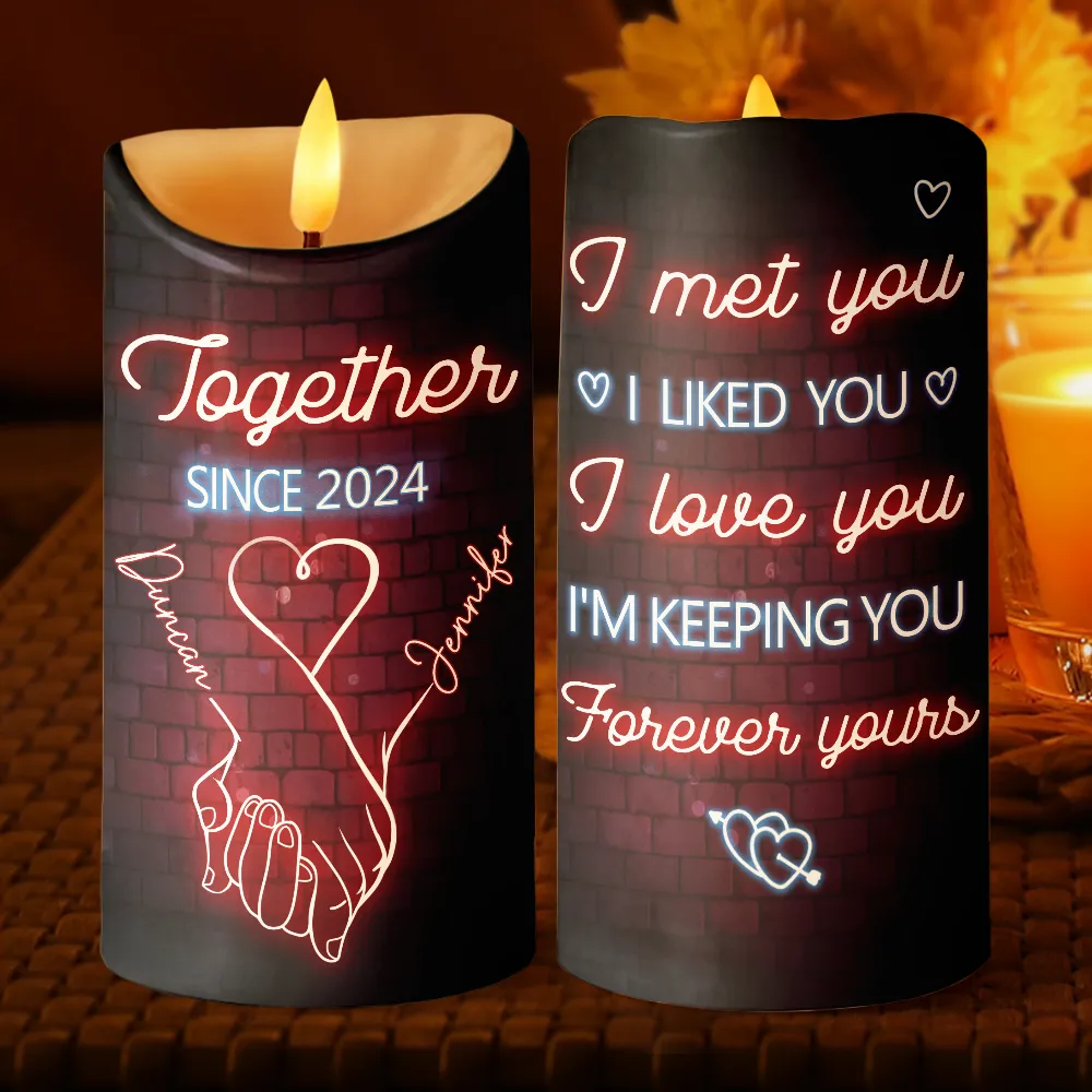 I Met You I Like You Neon Couples - Personalized Flameless LED Candle - Image 2