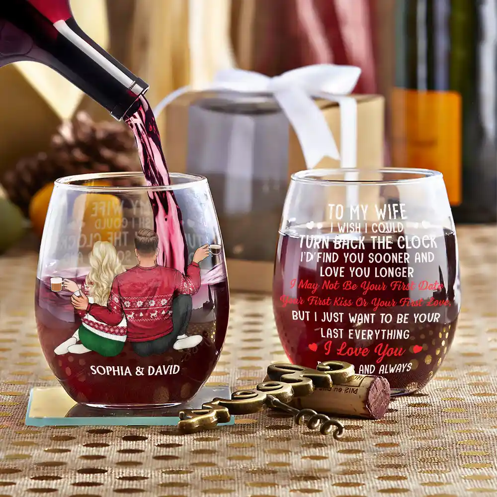 I Wish I Could Turn Back The Clock Anniversary Couple - Personalized Stemless Wine Glass - Image 3