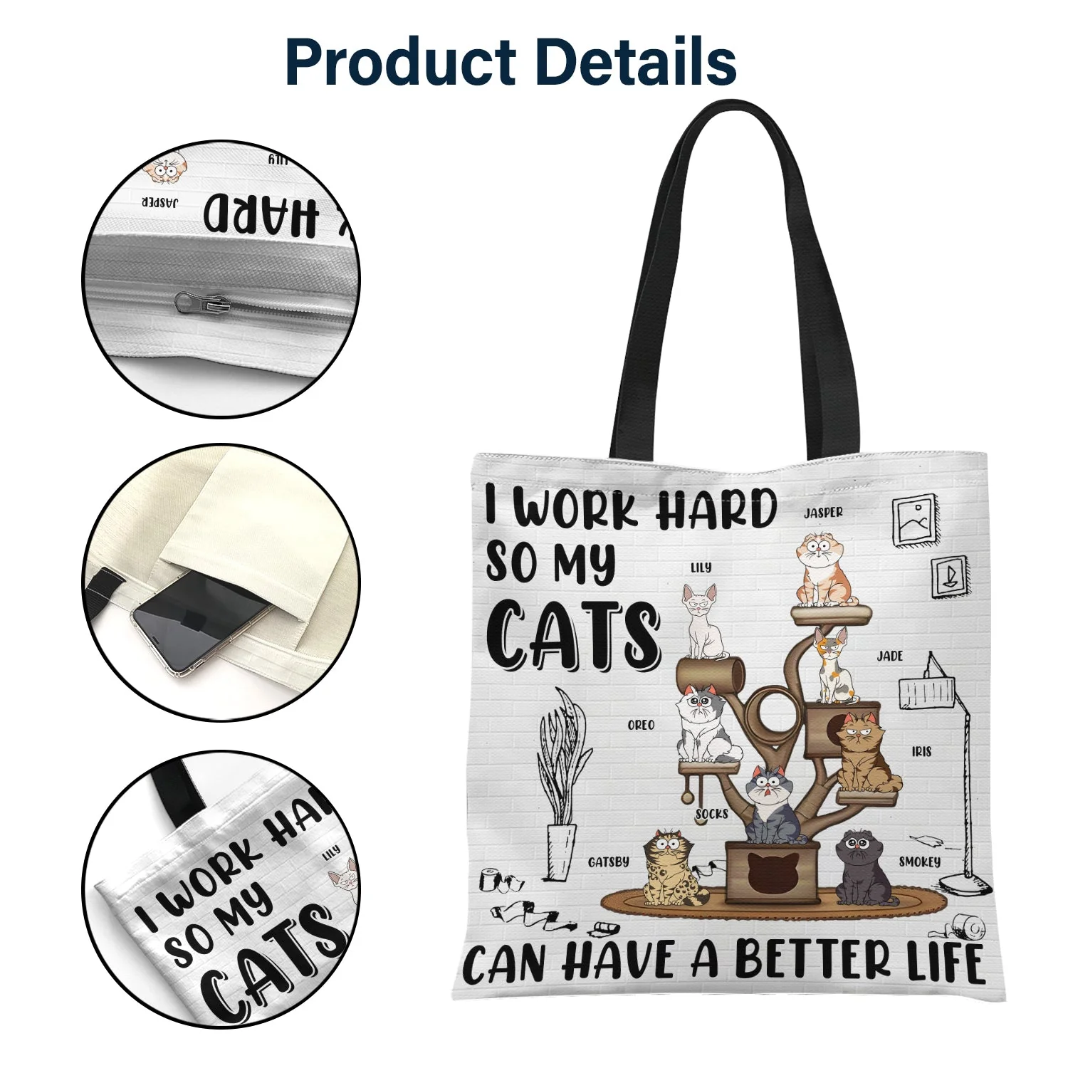I Work Hard So My Cats Can Have A Better Life - Gift For Cat Lovers - Personalized Zippered Canvas Bag - Image 5