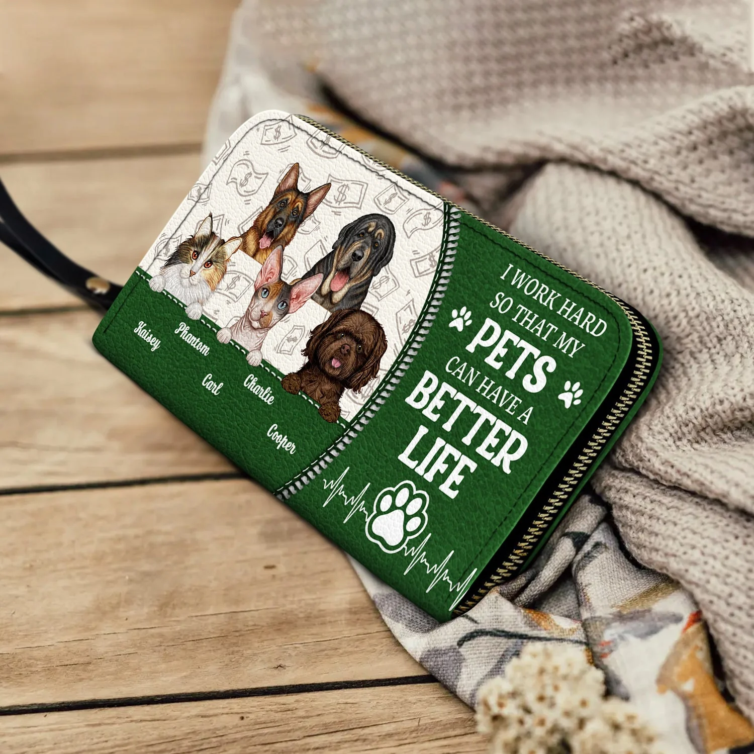 I Work Hard So My Dog Cat - Gift For Pet Lovers - Personalized Leather Long Wallet - Image 4