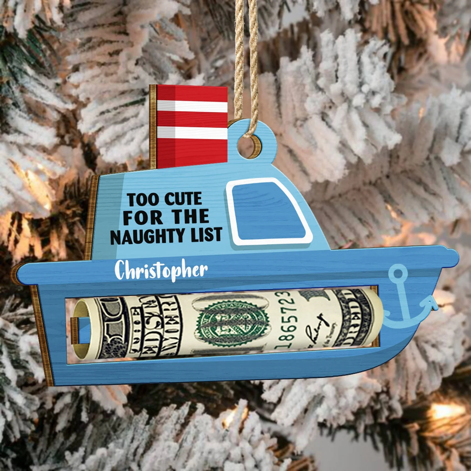 Icon Too Cute For The Naughty List - Christmas Gift For Kids - Personalized Wooden Cutout Ornament, Money Holder Ornament - Image 4