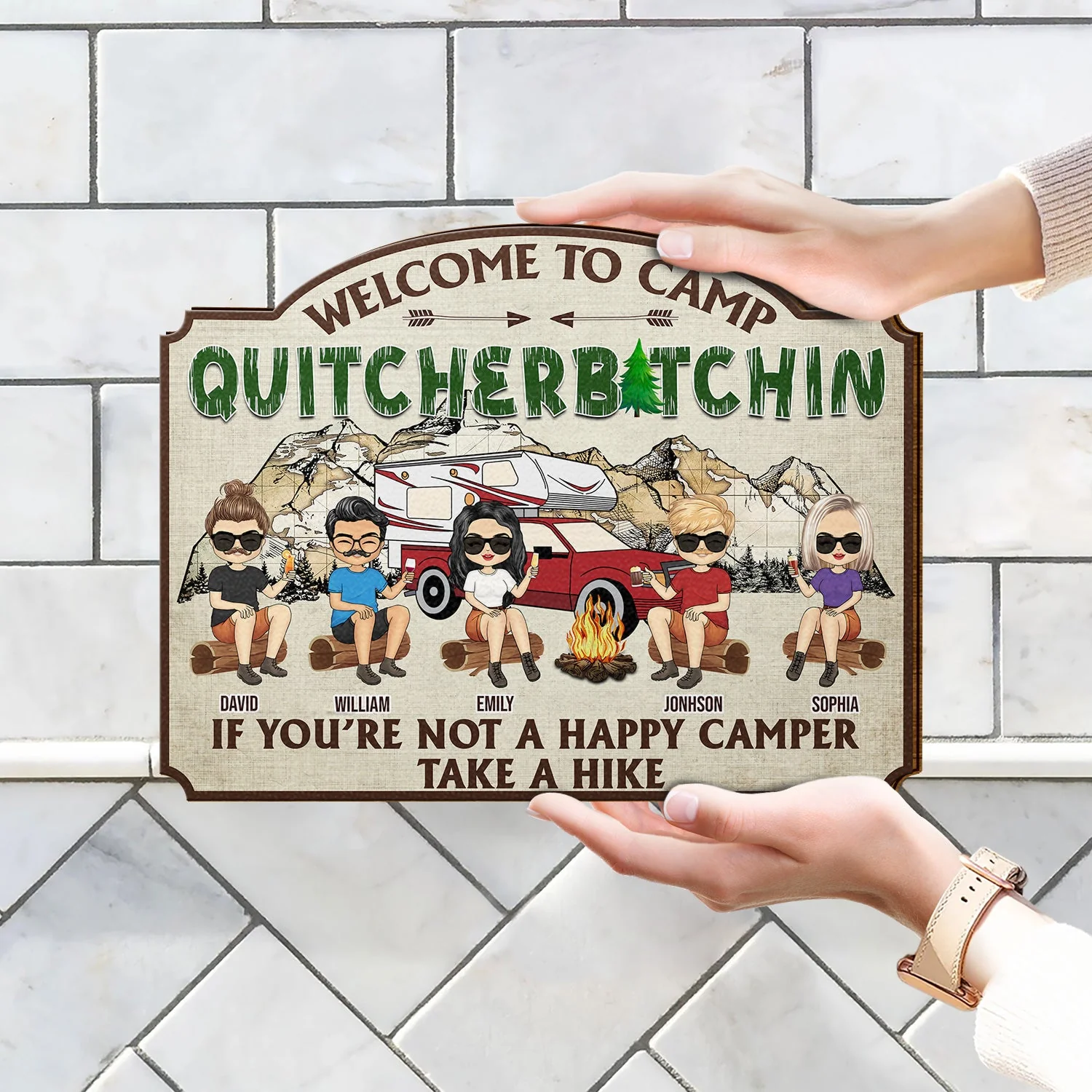 If You're Not A Happy Camper Take A Hike - Gift For Camping Lovers, Besties, BFF Best Friends, Siblings - Personalized Custom Shaped Wood Sign - Image 4