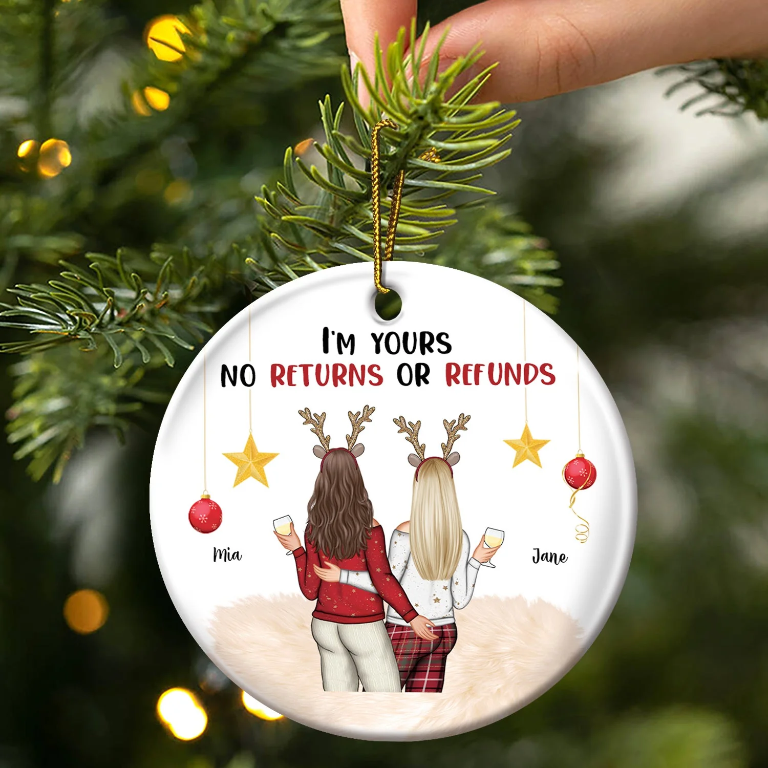 I'm Yours No Returns Or Refunds - Christmas Gift For Couples - Personalized Circle Ceramic Ornament - Image 3