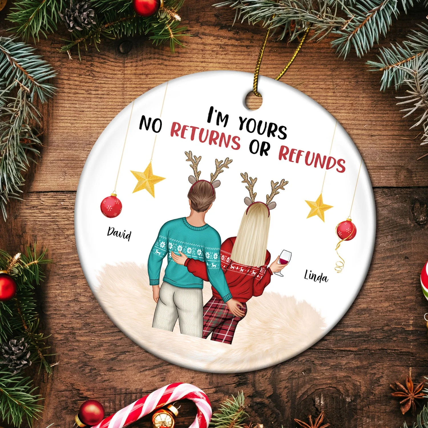 I'm Yours No Returns Or Refunds - Christmas Gift For Couples - Personalized Circle Ceramic Ornament - Image 5