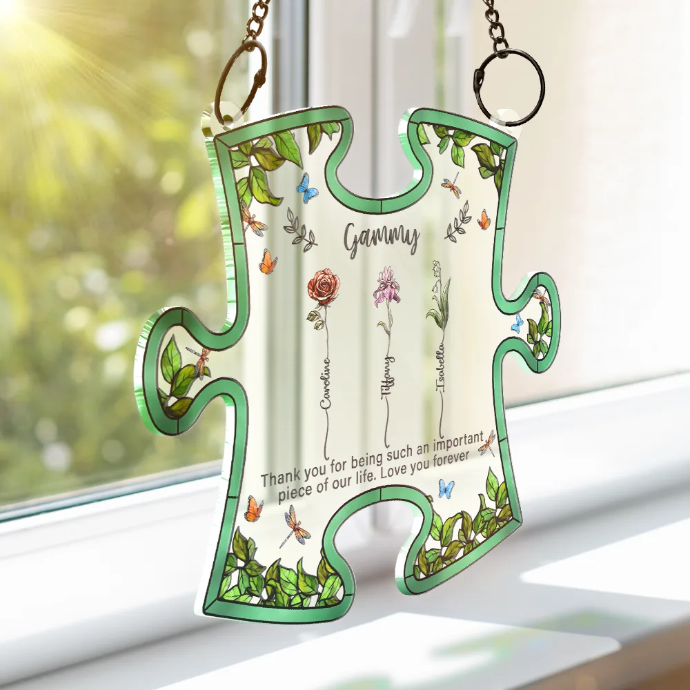 Important Piece Of My Life Grandma Birth Flower - Personalized Window Hanging Suncatcher Ornament - Image 3