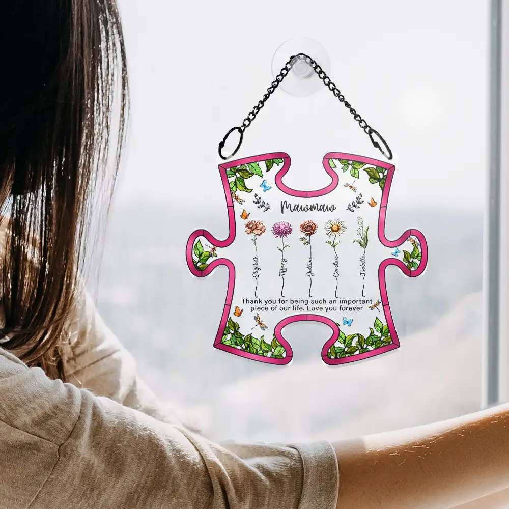 Important Piece Of My Life Grandma Birth Flower - Personalized Window Hanging Suncatcher Ornament - Image 4