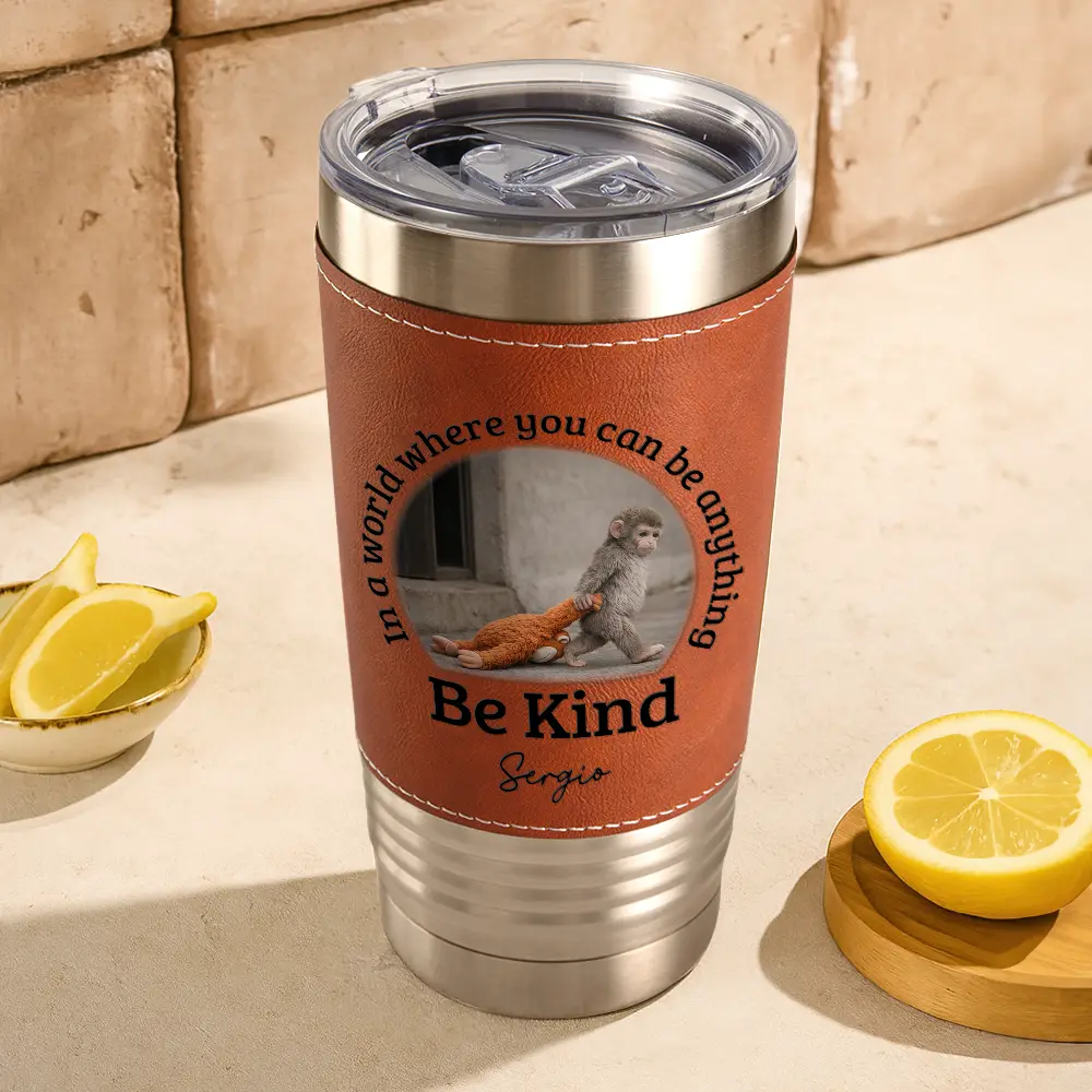 In A World Where You Can Be Anything Be Kind - Personalized Leather Tumbler - Image 3