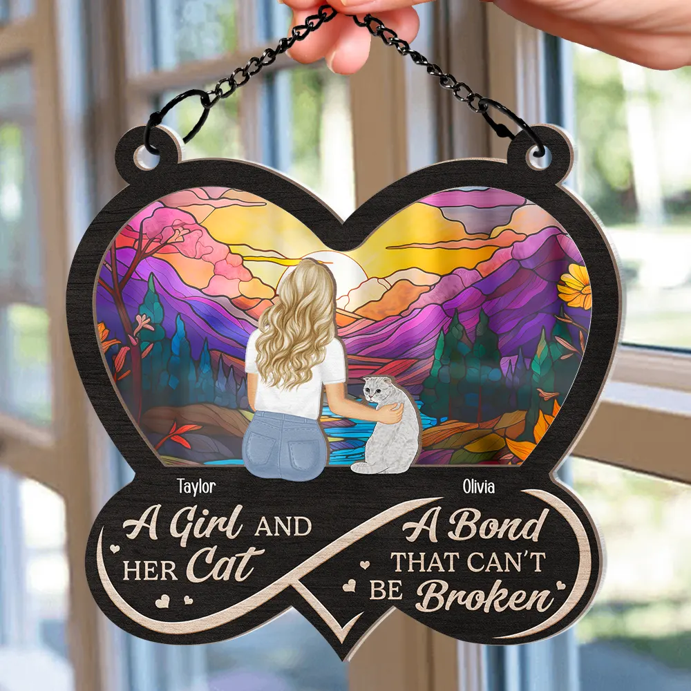 Infinity Heart Flower Field A Girl And Her Dog And Cat - Personalized Window Hanging Suncatcher Ornament - Image 2