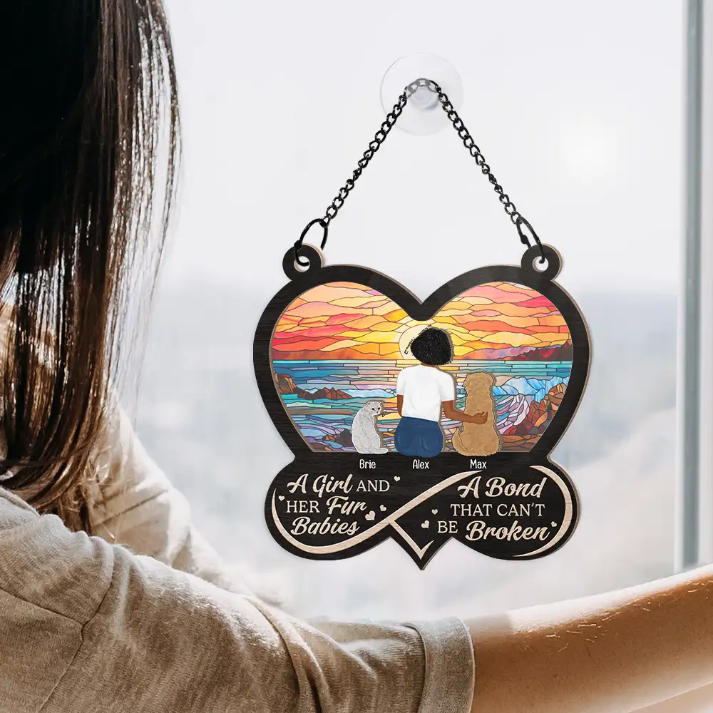 Infinity Heart Flower Field A Girl And Her Dog And Cat - Personalized Window Hanging Suncatcher Ornament - Image 4