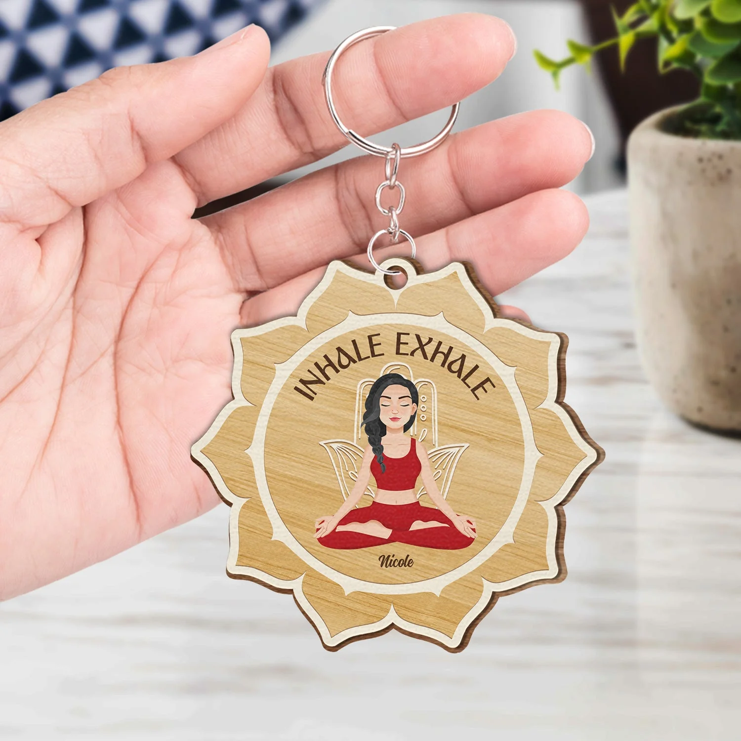 Inhale Exhale - Gift For Yoga Lovers - Personalized Wooden Keychain - Image 4
